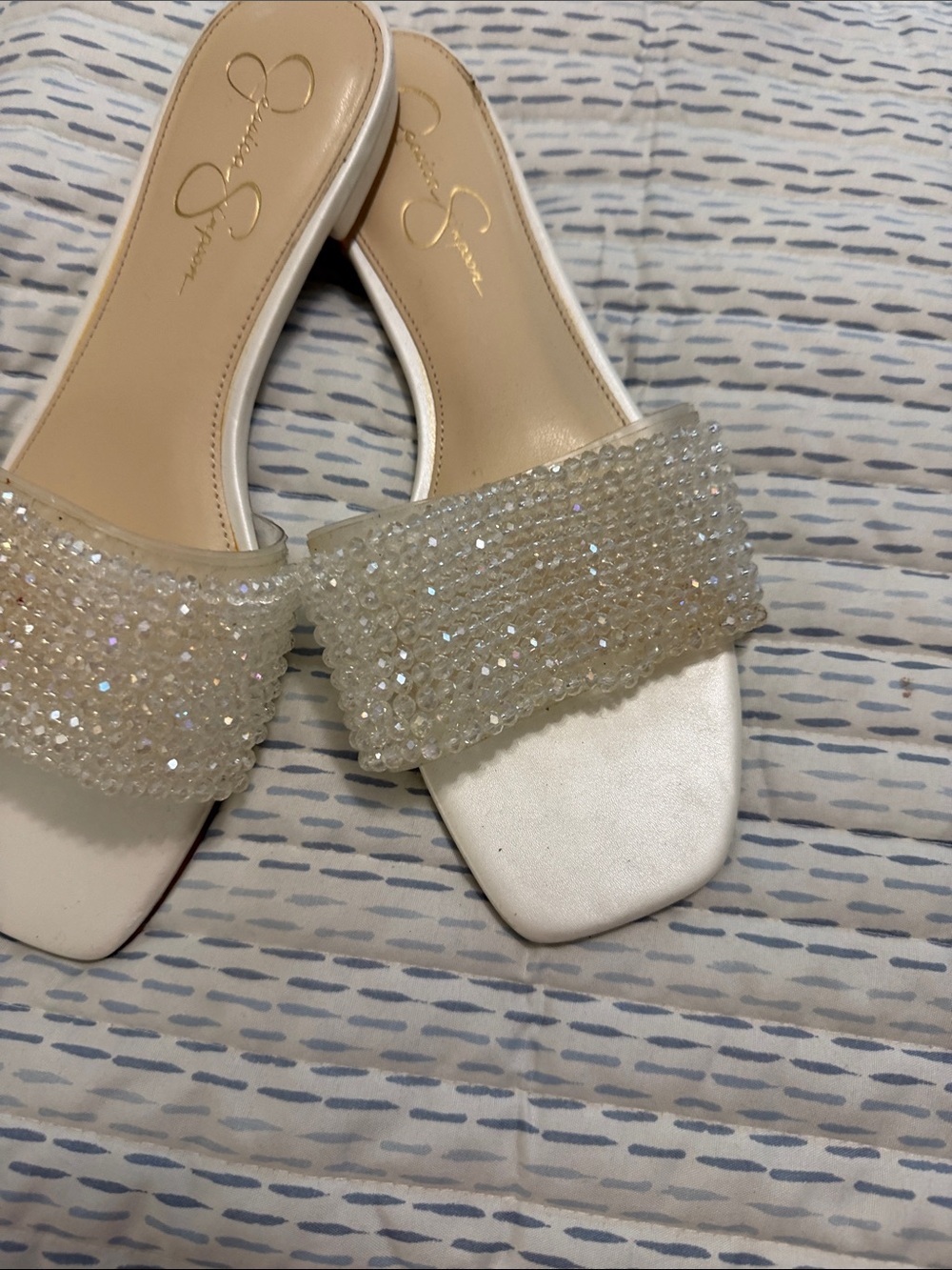 Jessica Simpson White Crystal-Beaded Slide Mules